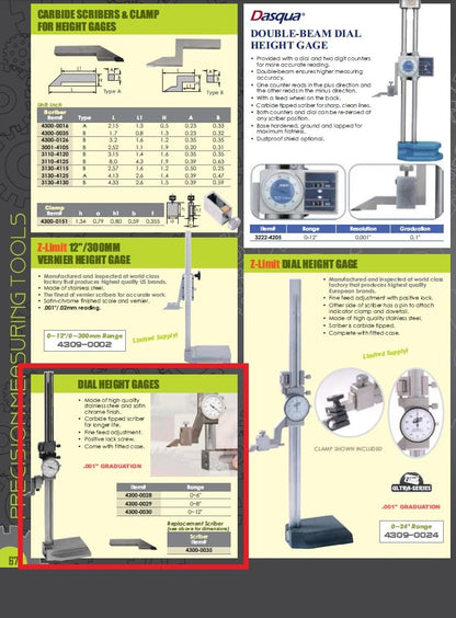 HHIP 4300-0028 Stainless Steel Dial Height Gage, 0 - 6" Size