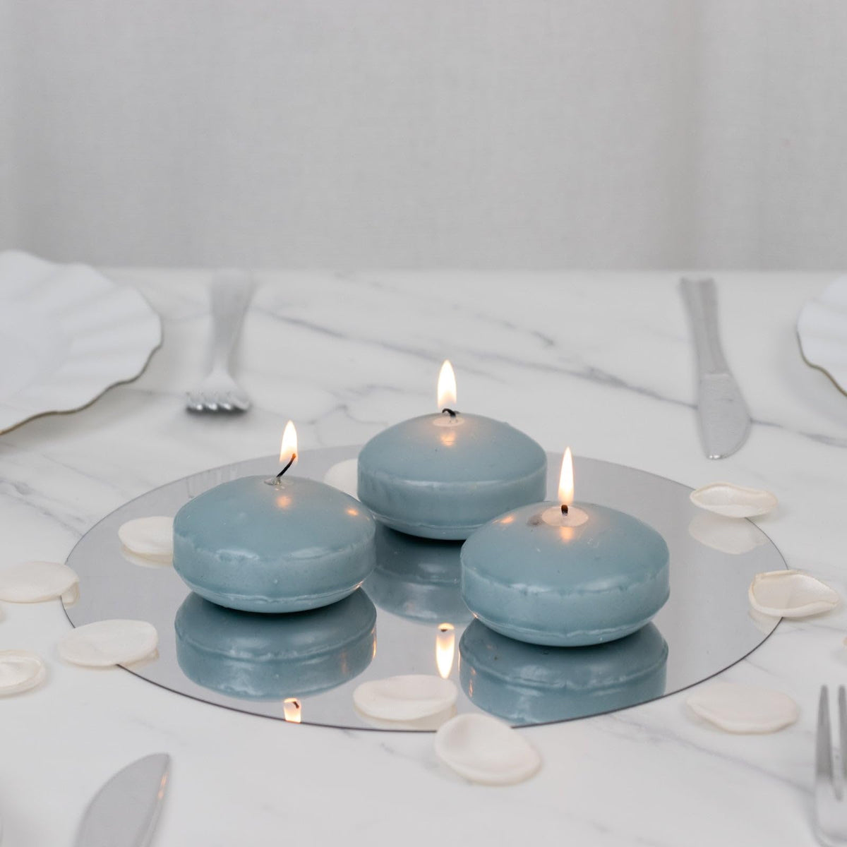 Efavormart 12 Pack 3" Dusty Blue Unscented Floating Candles, Long Burn Dripless Wax Discs with Cotton Wick for Cylinder Vases and Wedding Centerpieces
