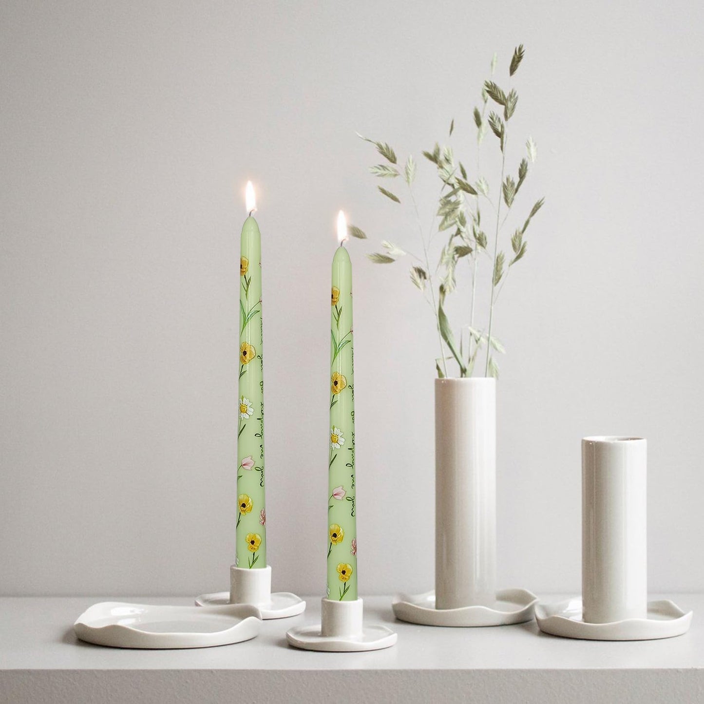 Floral Taper Candles 10 Inch Tall Unscented Handmade Light Green Corn Poppy Print Long Burning Elegant Candlesticks for Wedding Dinner Home Decor