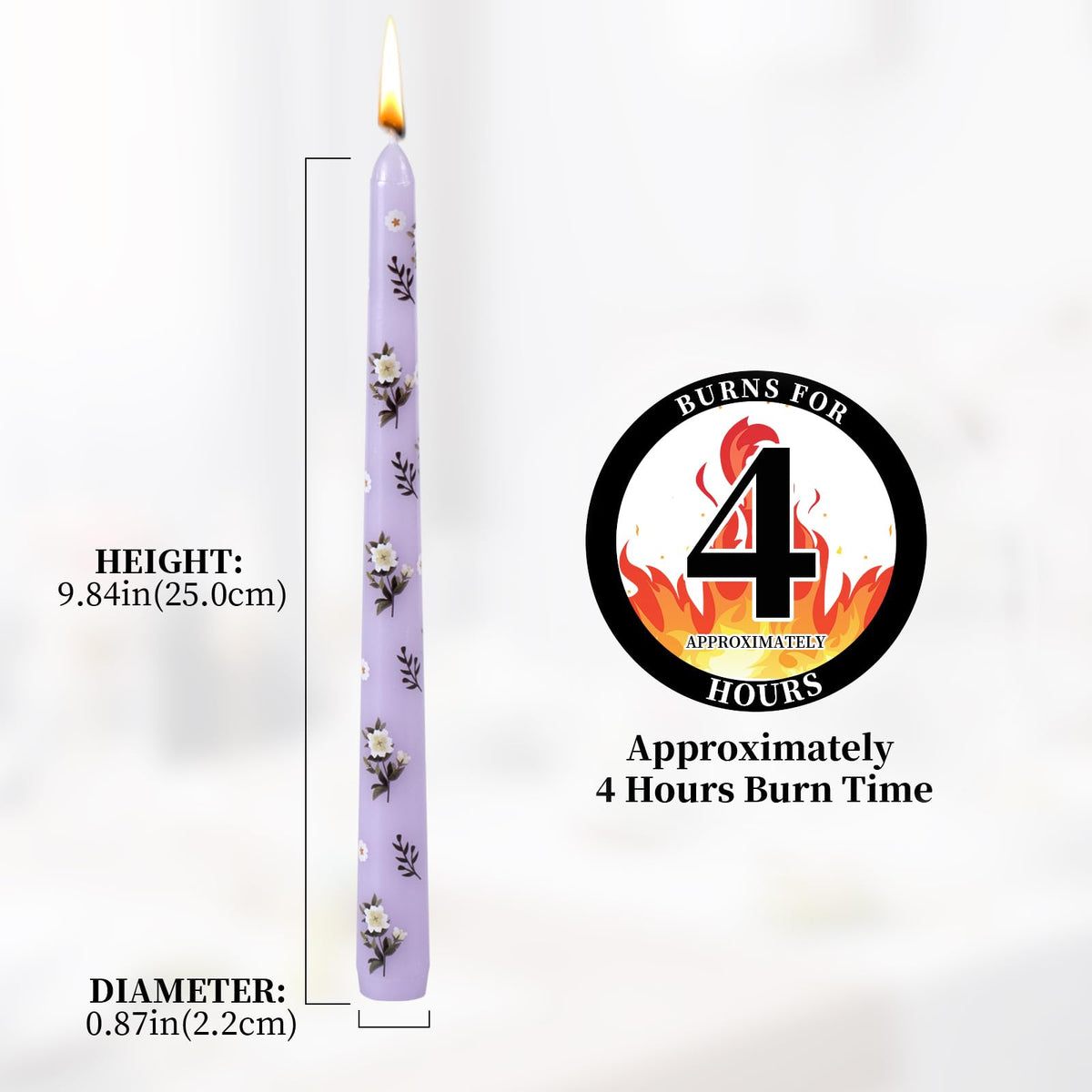Taper Candles,10 inch 2pc Purple Tapered Candles with Camellia Printed, Unscented and Smokeless Long Burning Candles,Tall Candlesticks with Cotton Wicks,Ideal for Weddings, Home Décor
