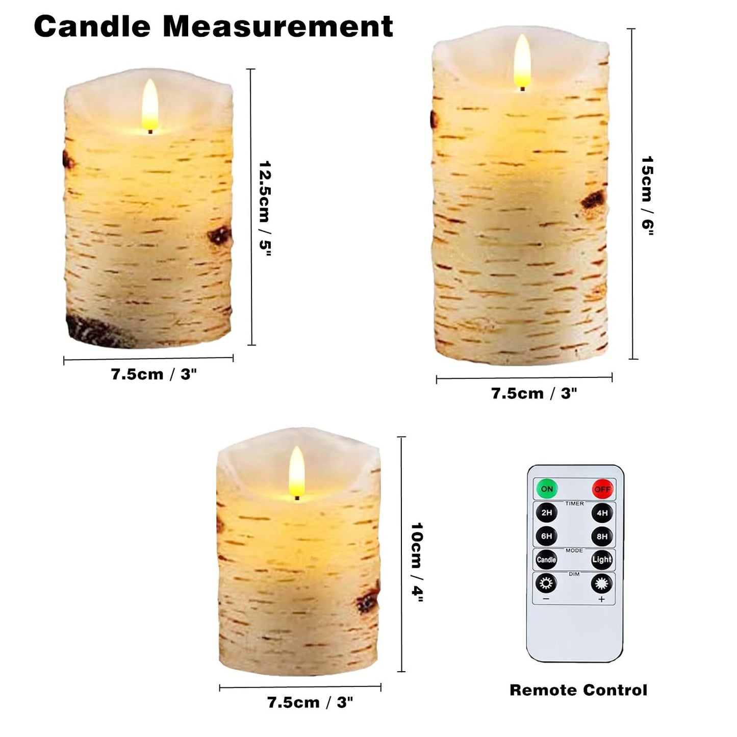 3 Pack Birch Bark Flameless Candle Set, 4" 5" 6" Flickering Battery Operated Candles with Remote Control, Electric Candle with Timer, Dancing Flames Real Wax LED Pillar Candles for Home Decor Party