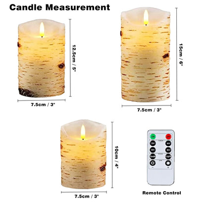 3 Pack Birch Bark Flameless Candle Set, 4" 5" 6" Flickering Battery Operated Candles with Remote Control, Electric Candle with Timer, Dancing Flames Real Wax LED Pillar Candles for Home Decor Party