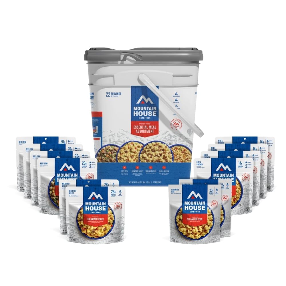 Mountain House Essential Meal Assortment Bucket | Freeze Dried Backpacking & Camping Food | 22 Servings | Gluten-Free