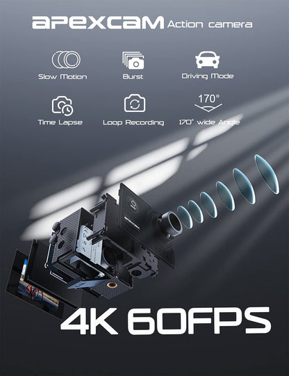 Apexcam 4K 60FPS Action Camera EIS Stabilization 20MP Sports Cam 40M Waterproof Underwater Camera 8X Zoom Support External Mic with Remote Control 2 x 1350mAh Rechargeable Batteries…