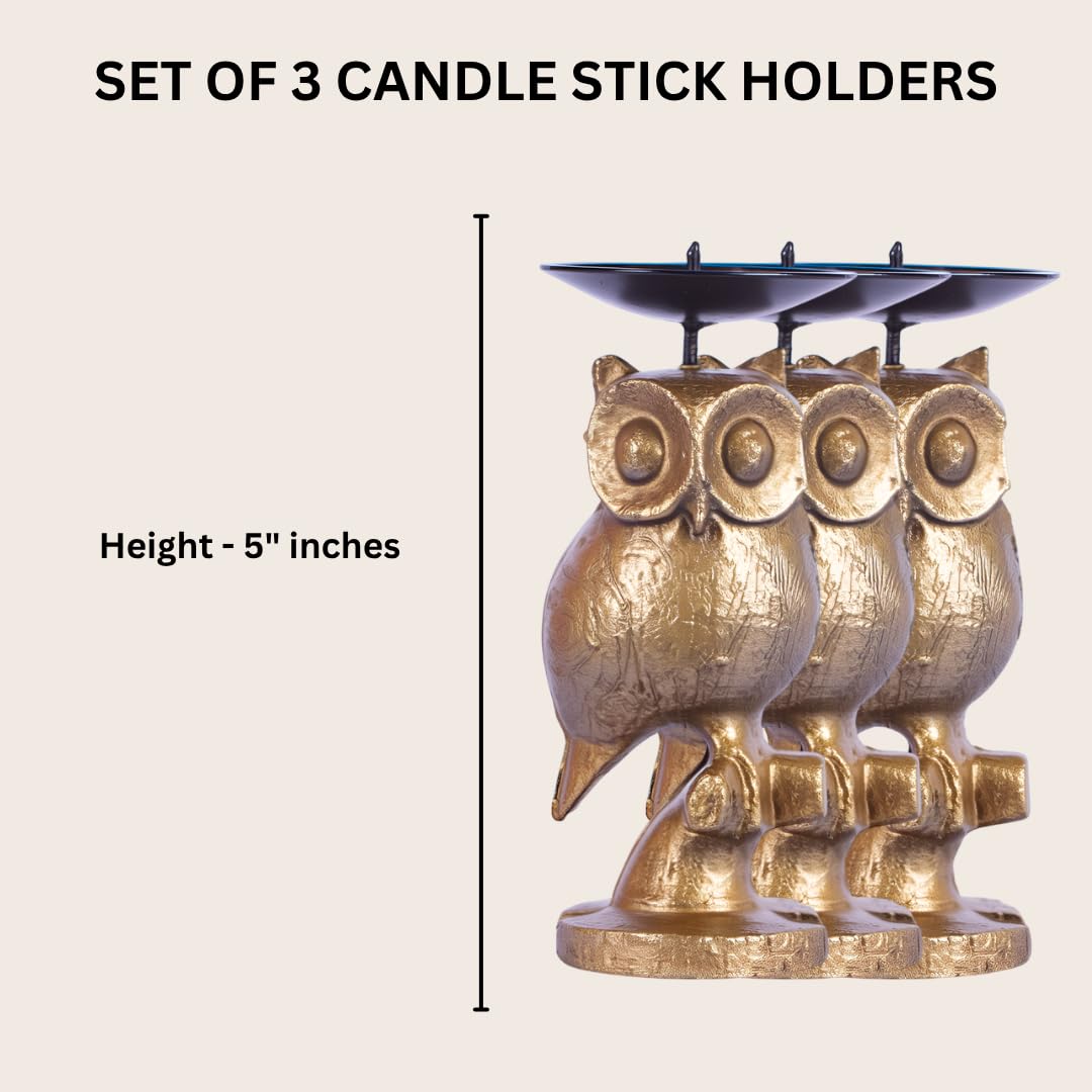 Gold Owl Candle Holder Set of 3 – Decorative Taper & Small Pillar Candlestick Holders for Table Centerpieces, Shelf & Living Room Décor