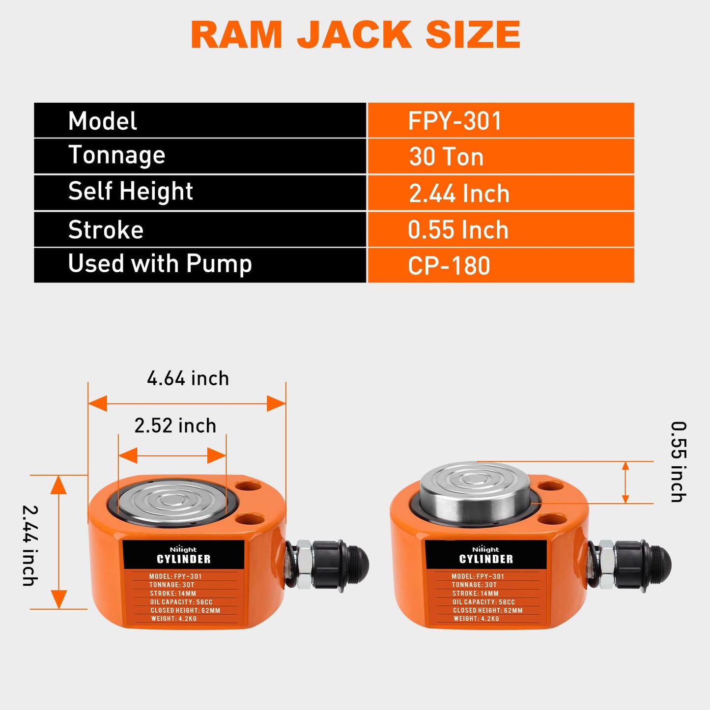 Nilight 30 Ton Hydraulic Cylinder Jack Porta Power Ram, Heavy Duty Low Profile 0.55 Inch Stroke Automatically Retract Mini Jack Ram Single Acting Lifting Cylinders for Machinery Shipbuilding, Orange