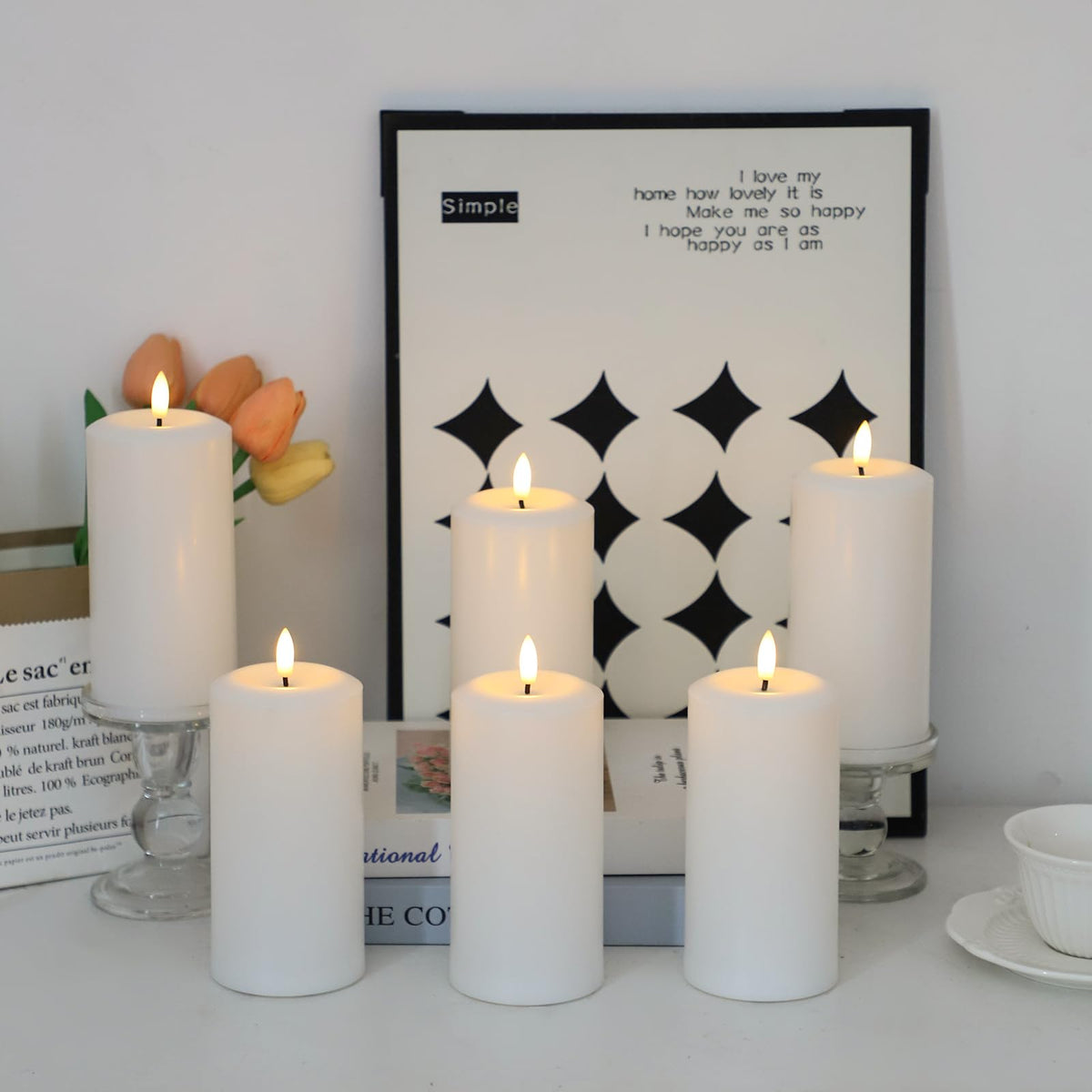 Hinabichan Flameless Candles Battery Operated with Remote and 2/4/6/8 H Timer, 6pcs Flickering Fake Electric Candles for Festival Wedding Home Party Decor (D3 x H 6") (White)