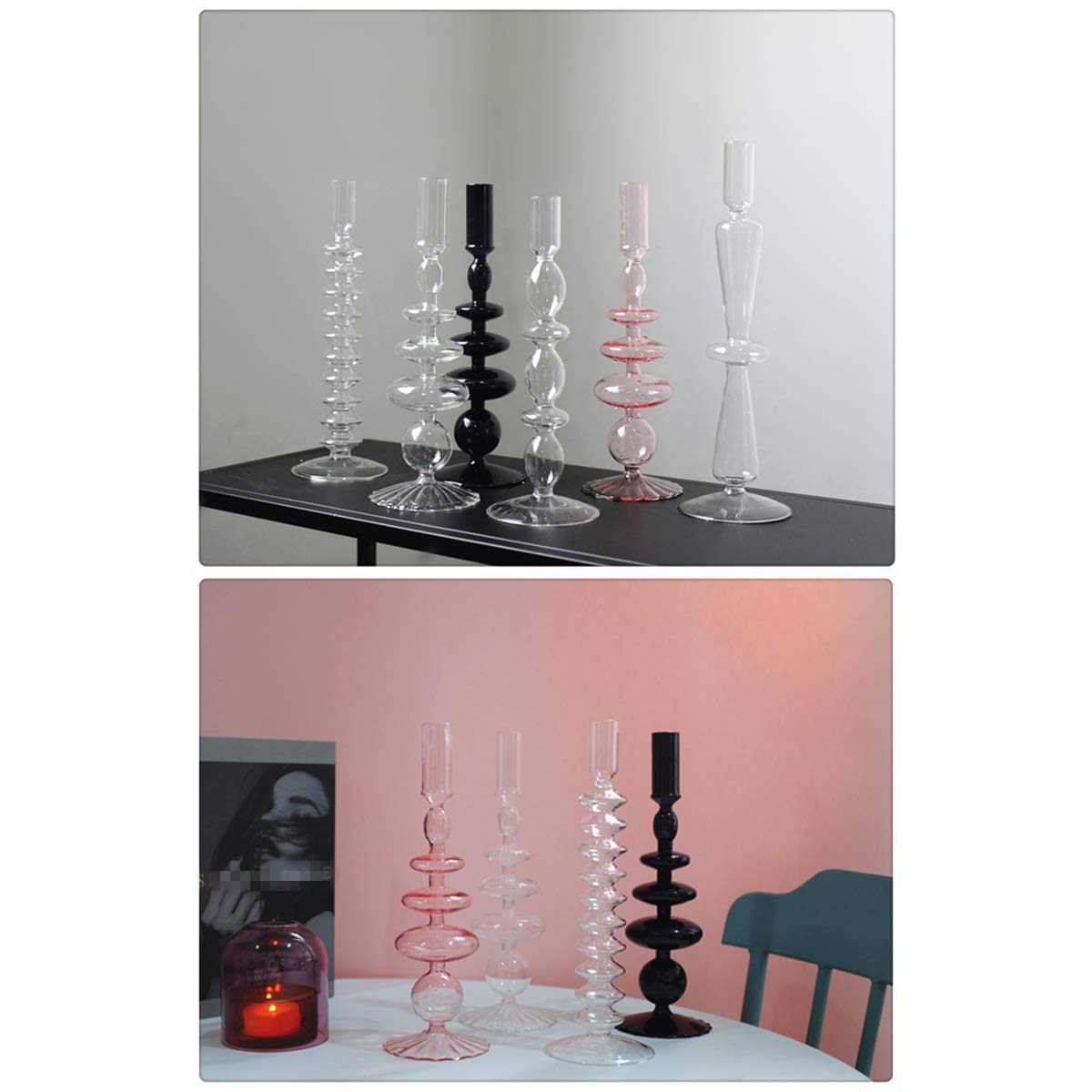 LKXHarleya Glass Candlesticks Holders, Retro Glass Candle Holder for Taper Candle Table Centerpiece Wedding Party Home Decoration, Black