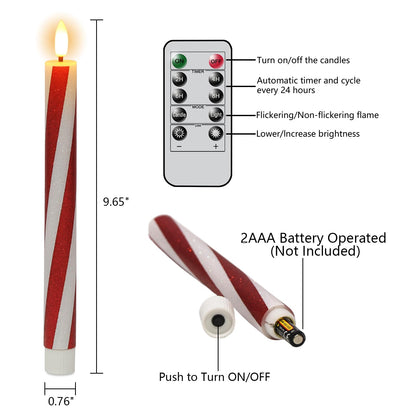 DRomance Christmas Flameless Taper Candles Flickering Battery Operated with Remote Timer, 2 Pack Real Wax 3D Wick LED Taper Candles Candy Cane Decals Holiday Indoor Dinner Decor(0.76" D x 9.65" H)