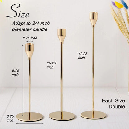 6Pcs French Honey Gold Candlestick Holders, Tall Taper Candelabra Stands fits 3/4 inch Thick Pillar Candle Stick, Elegant Decor Set for Table Centerpiece, Floor, Fireplace as Date, Festival, Fitting.