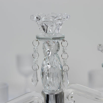 Efavormart Crystal 3-Arm Candelabra Taper Candle Holder with Hanging Prisms & Round Mirror Base – Faceted Cut Glass Design - 14" Tall