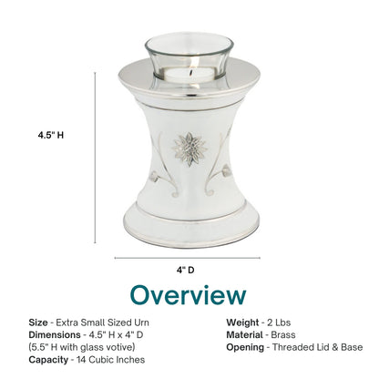 Grace White Tealight Cremation Urn for Ashes, Brass Memorial Candle, White and Silver, Extra Small Sized Cremation Urn, 5.5 Inches High