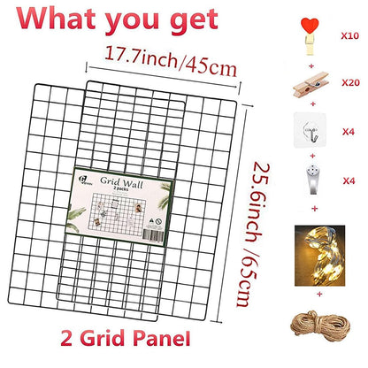 GBYAN 2 Pack Large Wall Grid Panels with Light and Clips, Photo Display Board, Picture Frame Collage Board, Wire Grid Wall Panel Room Decoration,Black