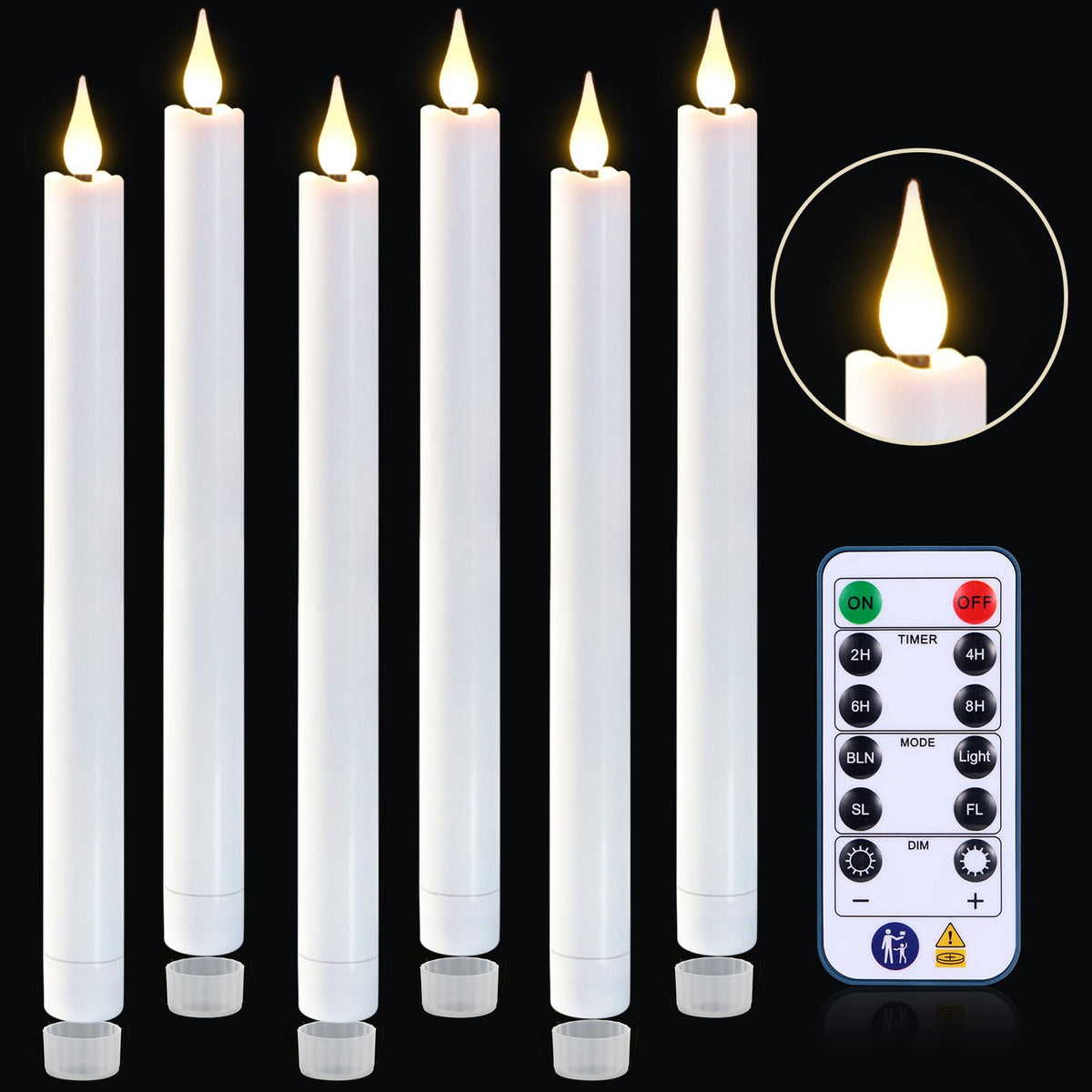 yunsheng 11 Inches Flameless Taper Candles Flickering with Remote & Timer, Set of 6 Battery Operated LED Window Candles, White Plastic LED Candlestick with 3D Wick for Christmas Wedding Home Decor