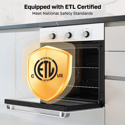 24" Single Wall Oven, ThermoMate 2.8 Cu.ft. Electric Wall Oven with 5 Cooking Functions, White Built-in Ovens with Mechanical Knobs Control, ETL Certified