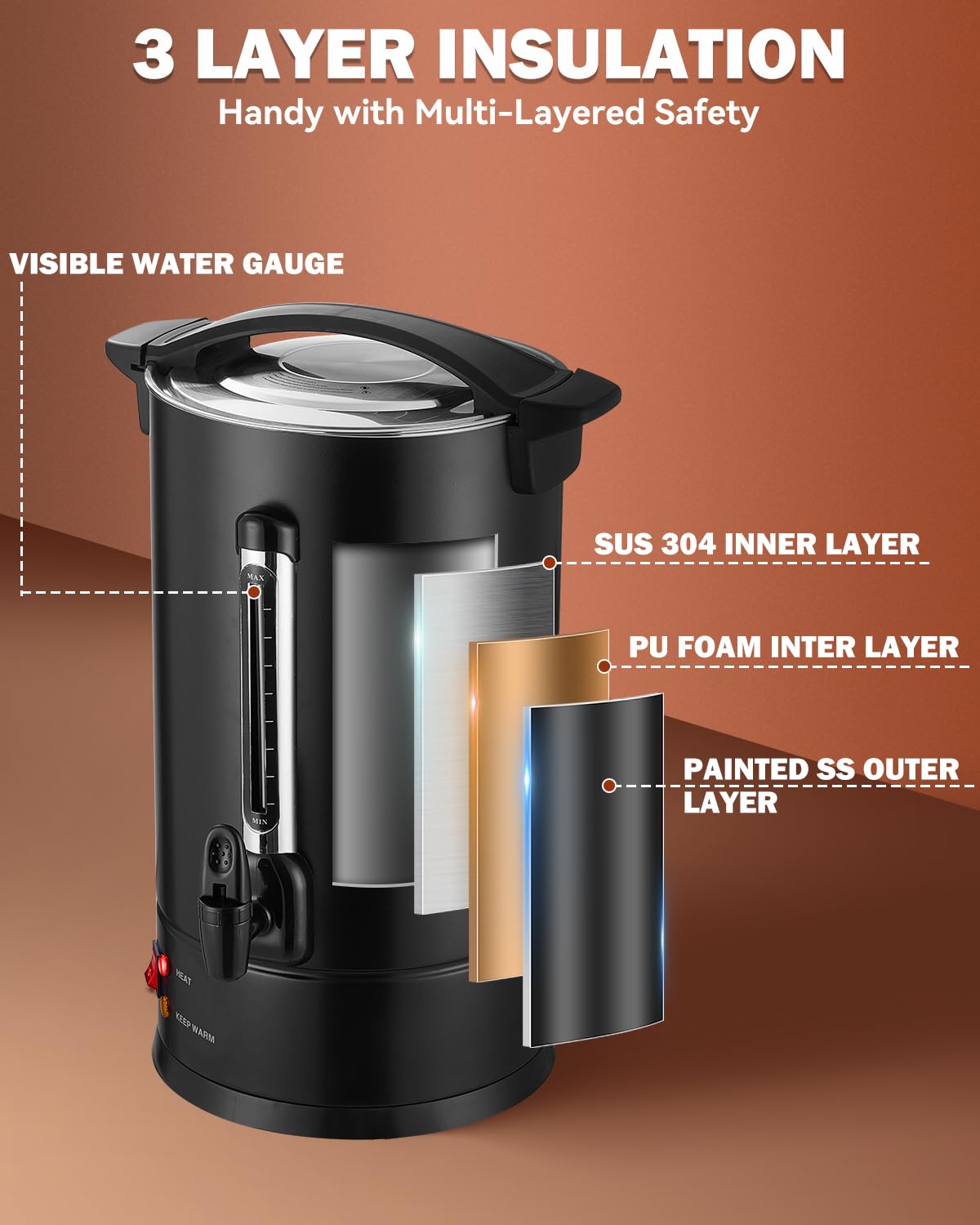 110 Cup Commercial Coffee Urn with Percolator, 1500W Upgraded Power, Quick-Brewing Coffee Maker With Auto Temp Control, Large Stainless Steel Hot Beverage Dispenser, Hot Water Urn For Events, Catering
