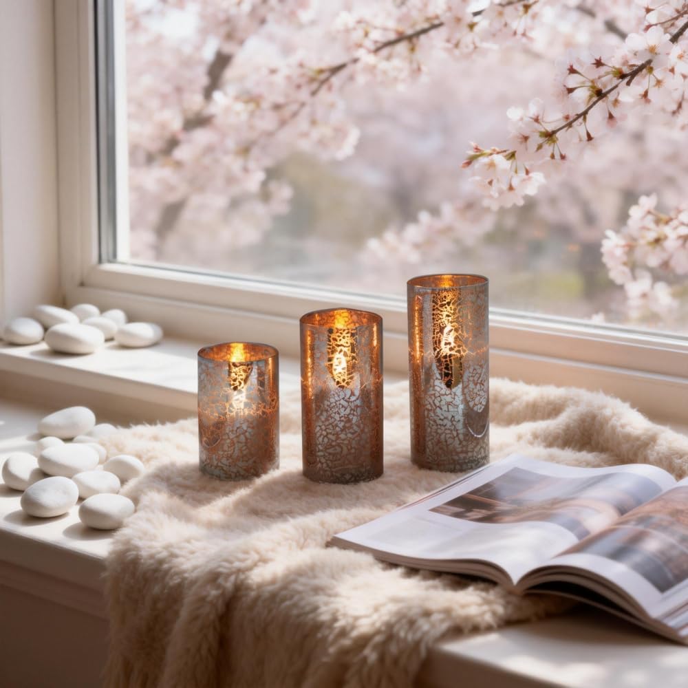 Silver Mercury Crackle Glass Flameless LED Pillar Candles Set of 3 – Warm White Flicker, Remote & Timer, Batteries Included, for Mother's Day, Spring Weddings, Home Decor & Romantic Ambiance