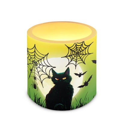 Merkmak Flameless Candles with Remote Battery Operated Candles with Timer Halloween Spider Web Black Cat Pumpkin Print Flameless Pillar Tea Lights for Party Home Decorations