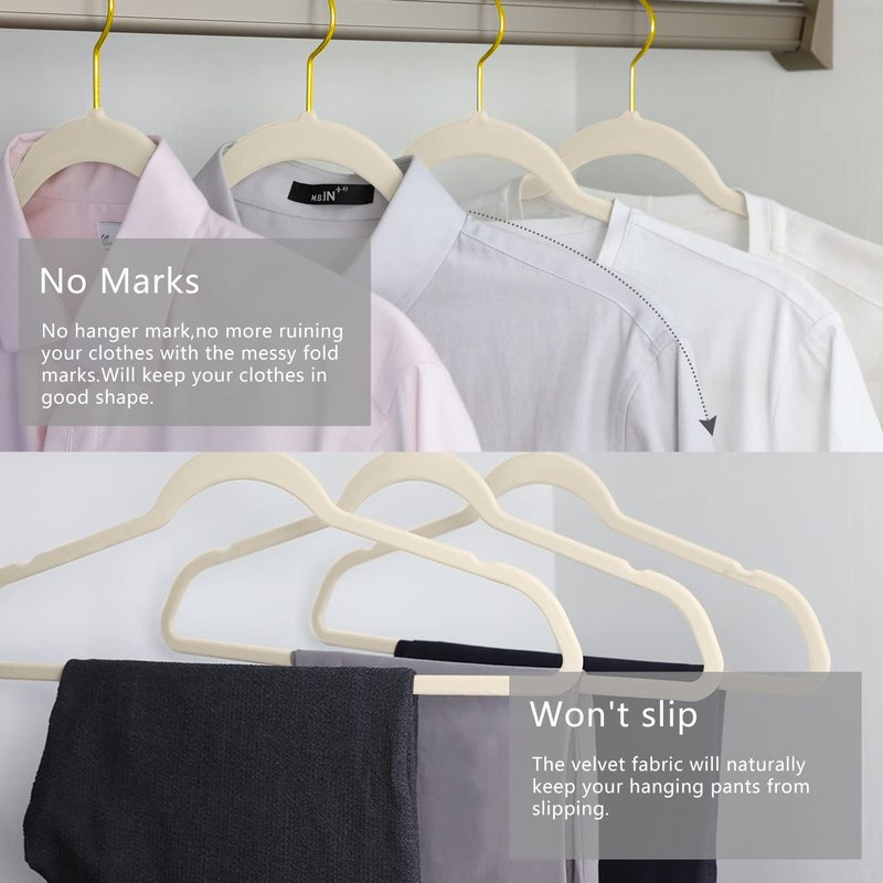 MIZGI Premium Velvet Hangers Pack 50 Pcs Heavyduty - Non Slip Slimline - Velvet Suit Hangers Ivory - Gold Hooks,Space Saving Clothes Hangers …
