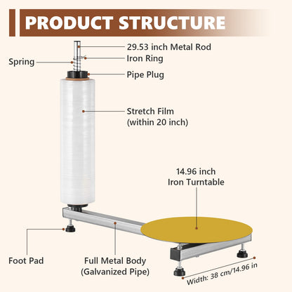 Manual Table Stretch Film Dispenser Wrapping Machine with 15-inch Iron Turntable for 12-20" Stretch Wrap Rolls, Manual Pallet Wrapper Bench for Small Business Packaging, Shipping & Warehousing