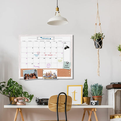 Dry Erase Calendar Whiteboard for Wall, Combination Magnetic Dry Erase White Board & Bulletin Board, 17.7" x 21.6" White Wood Framed Calendar/Cork Combo Board(WH-4555)