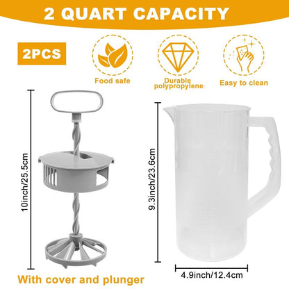 2 Pack Mixing Pitcher for Drinks 2 Quart/ 64oz Plastic Water Pitcher with Lid，Easy-Mix Juice Container，Angled Plastic Blades and Adjustable Mixer Plunger for Juice, Tea, Beverage Container