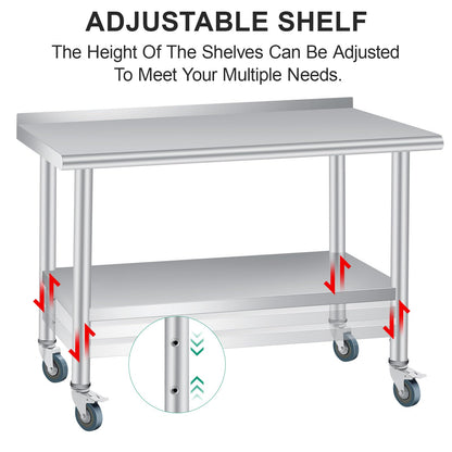 60 x 24 Inch Stainless Steel Prep Table, Heavy Duty Commercial Work Table with 4 Caster Wheels, Adjustable Undershelf & Rounded Corners, Metal Kitchen Workbench for Restaurant, Garage and Outdoor