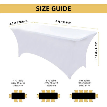 ZarzaaSik 6-Pack 8ft White Spandex Table Covers for Rectangle Folding Tables - Washable Elastic Tablecloth - Ultimate Fitted Table Protector for Birthday Parties, Trade Shows, Banquet