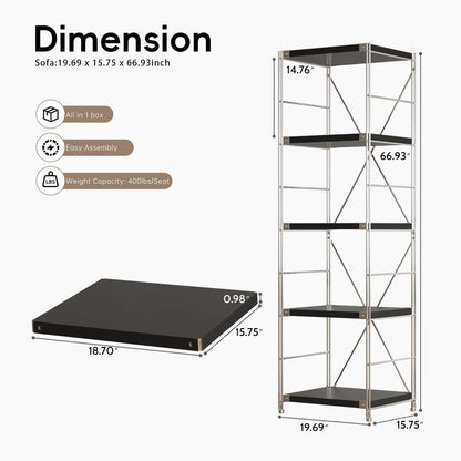 Achene 5-Tier Industrial Bookshelf, Storage Bookcase for Living Room, Bedroom, Home Office, Study Room, and Kitchen,15.75"x19.69"x66.93" Inches (Black, 5T20IN)