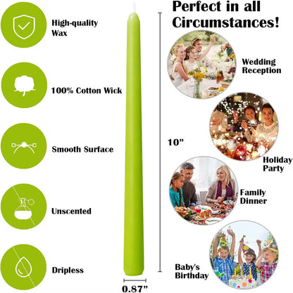 12-Pack Apple Green Taper Candles, 10 Inch Unscented Dripless Candlesticks, Long-Lasting Burn Time of 7-8 Hours, Perfect for Home Décor, Spring and St. Patrick's Day