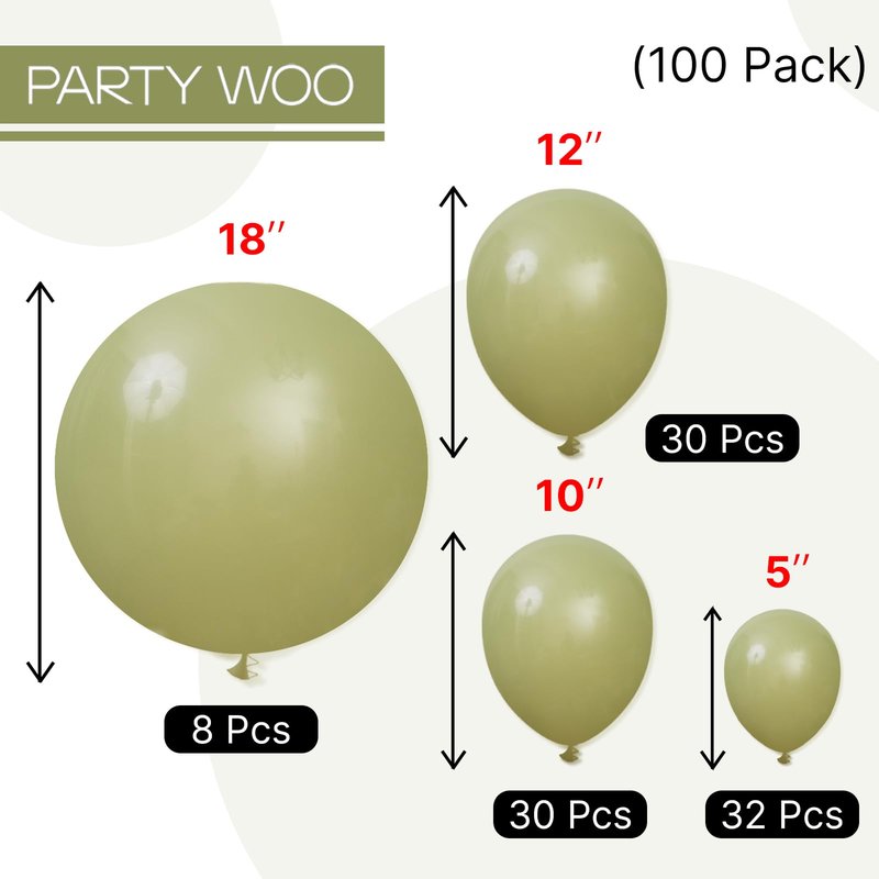 PartyWoo Sage Green Balloons 100pcs Different Sizes of 18 12 10 5 Inch Olive Boho Green Latex Balloon Arch Kit for Wedding Birthday Dinosaur Jungle Golf Football Theme Party Decorations Green-F11