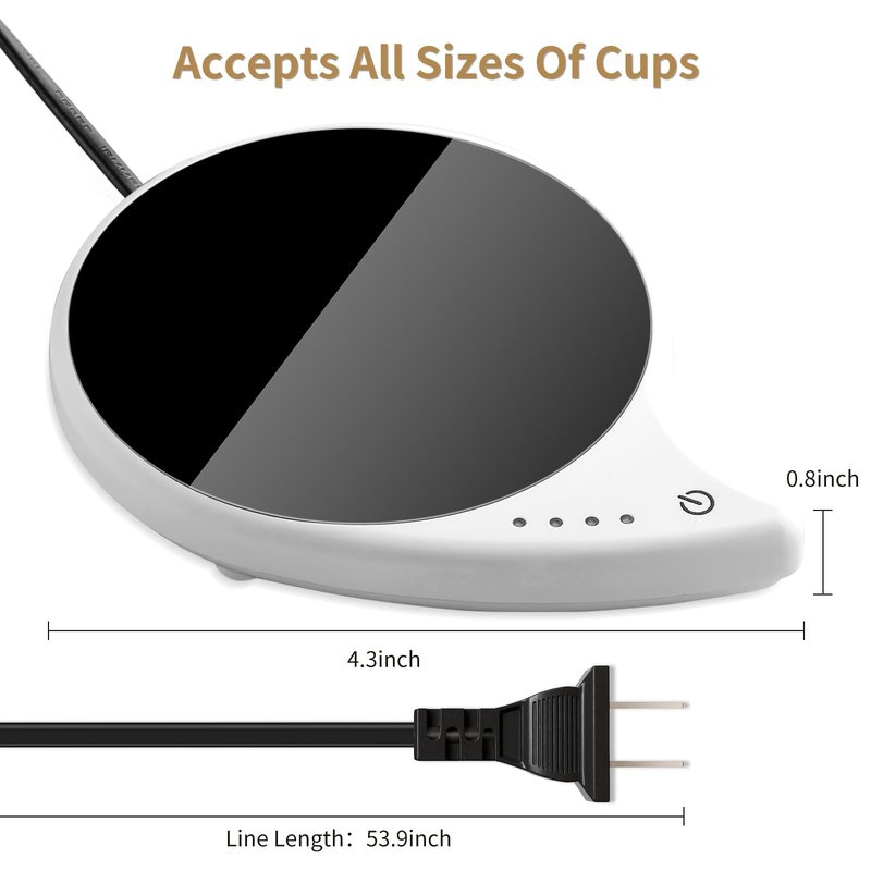 Coffee Warmer for Desk, Touch Control Mug Warmer, 4 Temperature Settings Up to 144℉, 4.3-inch Plate for Glass Cups, Mugs, Teapots, 59-inch Cord, Ideal for Office and Gifts