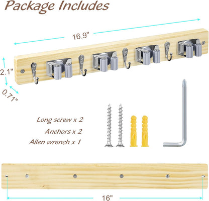 OUTNILI Mop and Broom Holder Wall Mount - Light Wood Organizer with 4 Slots & Hooks for Garage, Kitchen, Laundry Room
