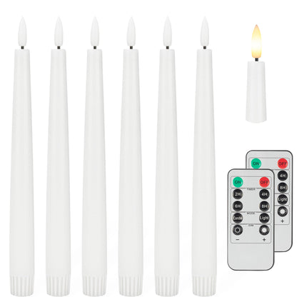Flameless Taper Candles with 3D Wick, 9.6" Real Wax LED Candles with 2 Remote and Timer, 6 Pack Flickering Candlesticks Battery Operated, Classic Tall Taper Candle for Home, Wedding, Party, White