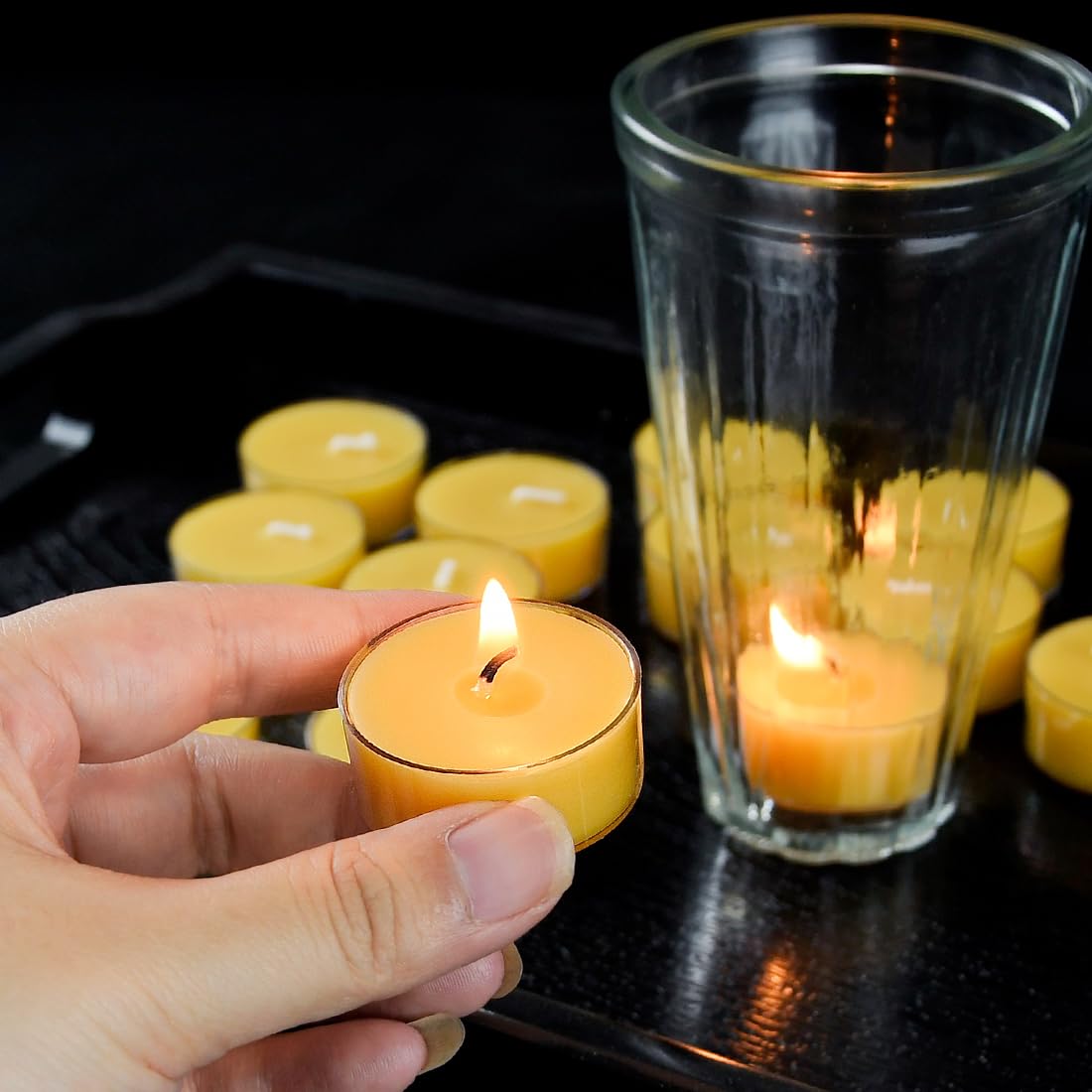 JONERAY 32 Packs Pure Beeswax Tealight Candles Bulk - Clear Cup, Natural Handmade Tea Candles for Dinner Table (Yellow)