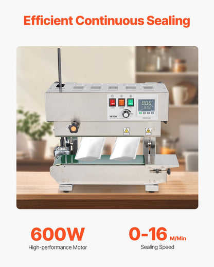 VEVOR Continuous Bag Band Sealing Machine, 0.24-0.47 in/6-12 mm Seal Width, Vertical Band Sealer Machine with Digital Temperature Control, Stainless Steel Bag Sealer for 0.02-0.8 mm Plastic Bags Films