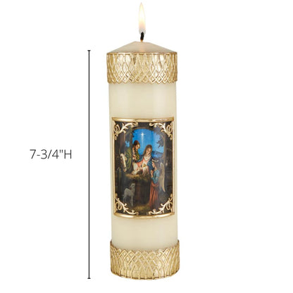 Needzo Gold Tone Nativity Scene Ornate Pillar Candle for Christmas Mass Decoration or Holiday Candles for Homes, Mantels or Centerpieces, 7.75 Inches