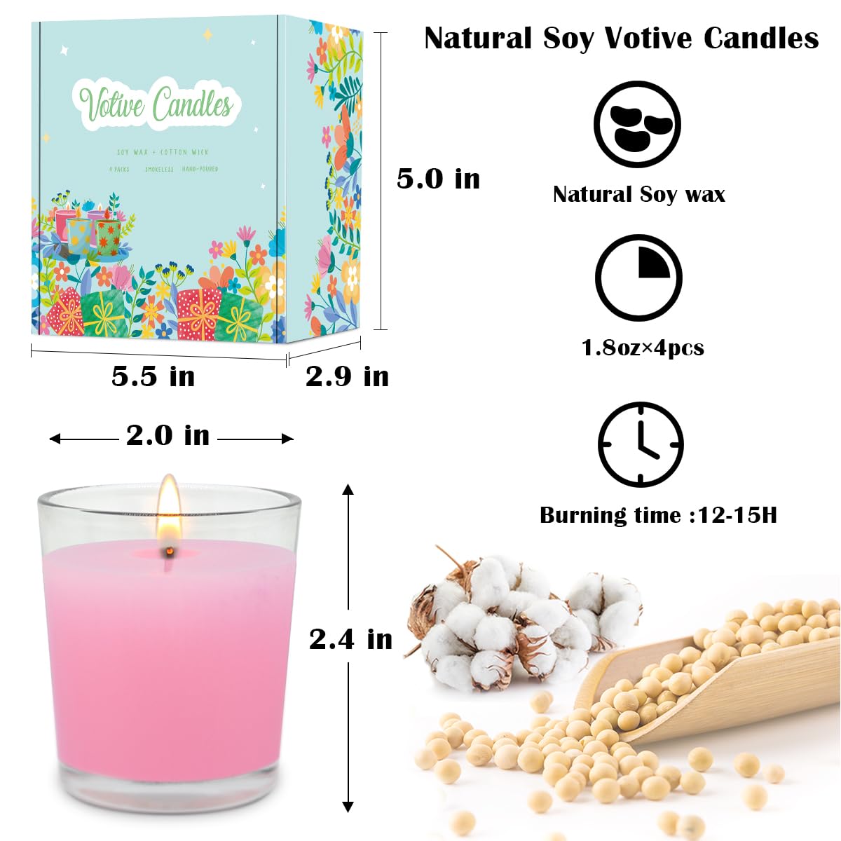 Set of 4 Pink Votive Candles, Clear Glass Filled Unscented Soy Wax Candle for Home Décor Weddings Spa Holidays Party and DIY