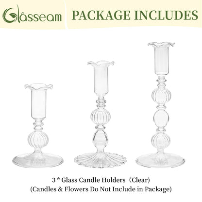 Glasseam Glass Tapered Candlestick Holders: Set of 3 Clear Candle Sticks Holder Decor with Bobeche Modern Ribbed Taper Candle Holders for Table Centerpiece Christmas Wedding Home Decorations