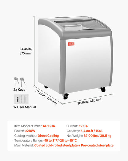 VEVOR Commercial Ice Cream Display Case, 5.4 Cu.ft Chest Freezer, -19 to 3℉ Temp Adjustable Mobile Top Deep Freezer with 2 Wire Baskets, 2 Sliding Glass Doors, Locking Casters & LED Strip Lighting