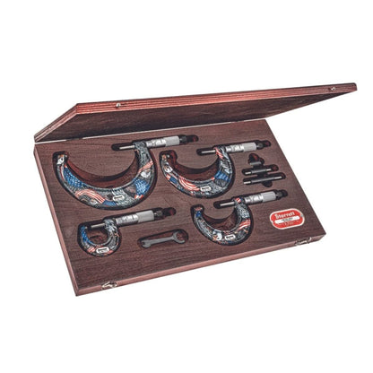 Starrett Outside Micrometer Set with Smooth Friction Thimble, Combination Ratchet and Speeder - American Pride Theme, 0-4" Set Range, .0001" Graduation - SAPT436.1XRLZ