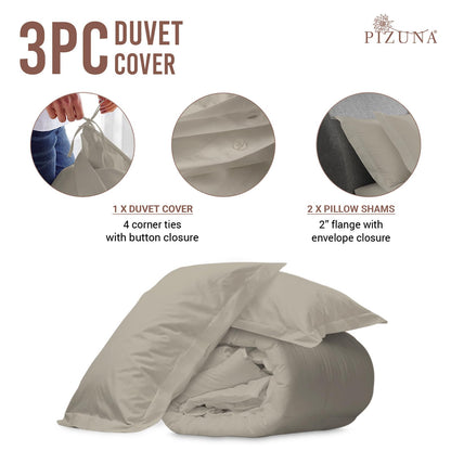 Pizuna Cotton Queen Duvet Cover Set, 400 Thread Count Long Staple Cotton Sateen Weave with Button Closure (Simply Taupe)