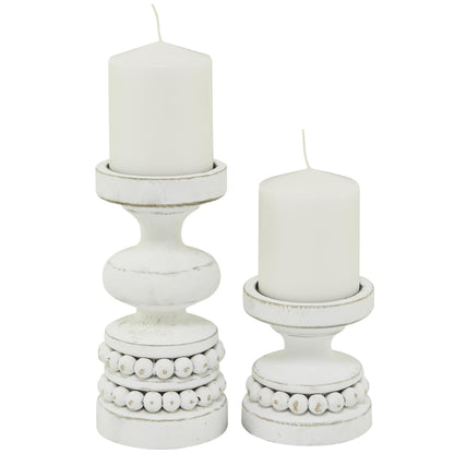Deco 79 Wood Decorative Candle Holder Beaded Pillar Candle Stand, Set of 2 Candlestick Holder 8", 4"H, White
