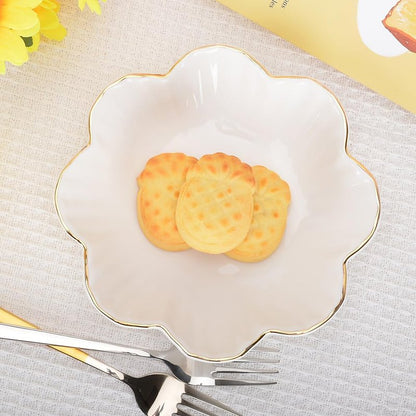 HOKMOKQOK Porcelain Serving Dish,Ceramics Flower Relish Tray with Metallic Rim,Serving Bowls for Wedding,Party Perfect for Small Cereal, Pasta, Salad, Candy and Snacks White 6.6 inch (6.6 inch)