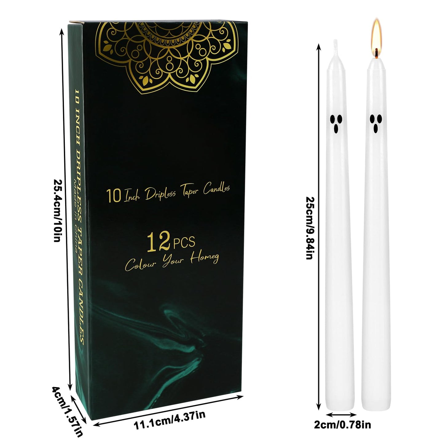 12 Pack Halloween Taper Candles - 10 Inch White Ghost Face Smokeless Candles, Long-Lasting 7+ Hour Burn, Premium Wax for Spooky Decor & Parties