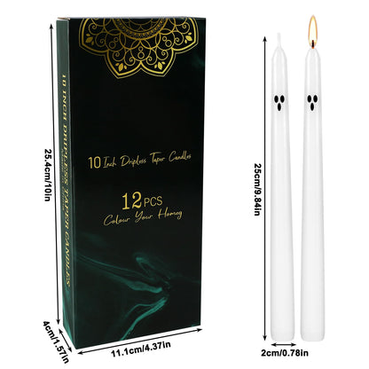 12 Pack Halloween Taper Candles - 10 Inch White Ghost Face Smokeless Candles, Long-Lasting 7+ Hour Burn, Premium Wax for Spooky Decor & Parties