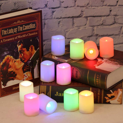 DRomance Color Changing Flameless Votive Candles with Remote and Timer, Battery Operated White LED Flickering 12 Pack Halloween Christmas Decor (1.5 x 2 Inches)