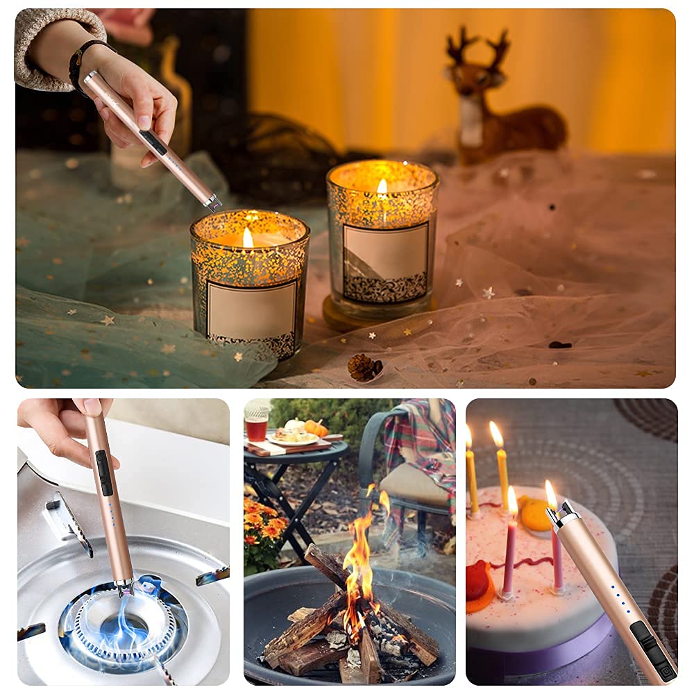 SUPRUS Electric Lighter Candle Type C Rechargeable Lighter with Upgraded LED Battery Display Safety Switch Flameless Plasma Windproof for Candle Cooking BBQs Fireworks (Champagne Gold)