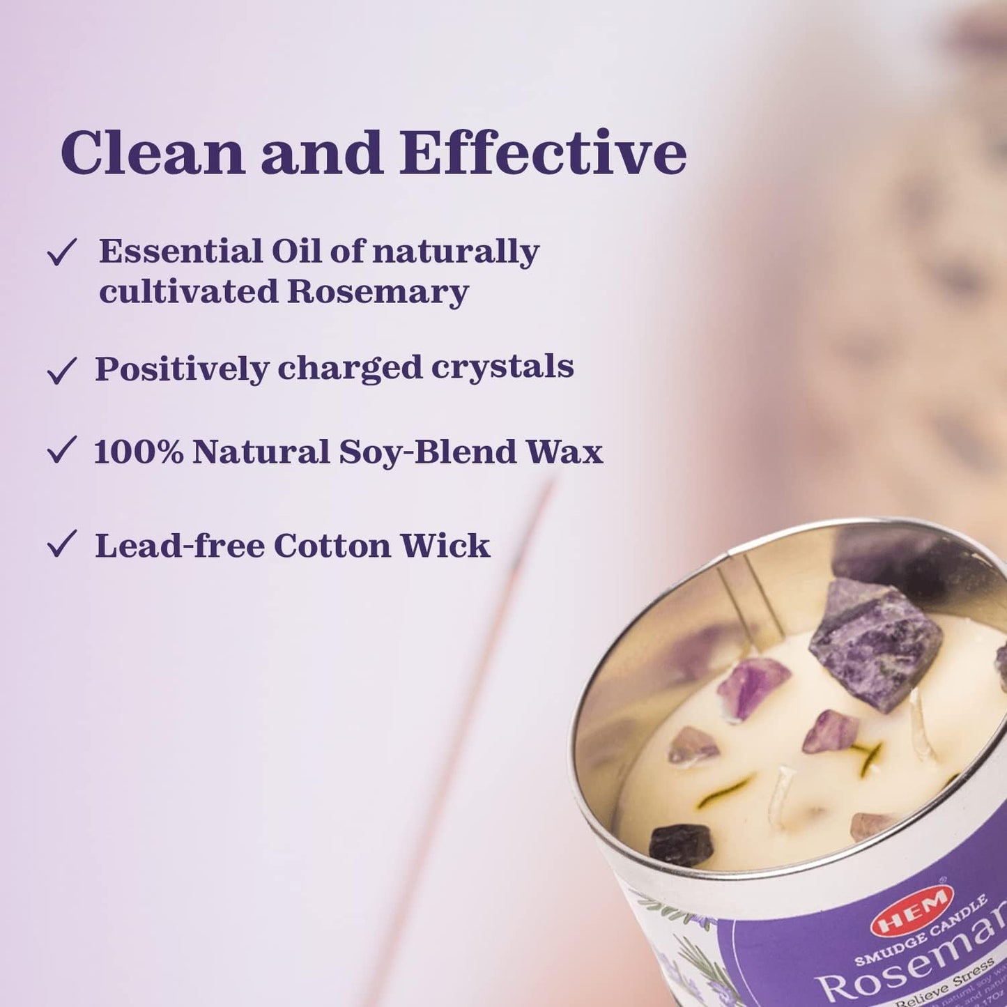 HEM Rosemerry Scented Smudge Candles – 3.2 Oz Natural Soy Candles with Crystals Inside – Long-Lasting 20-Hour Clean Burn – Perfect for Home Cleansing & Relaxation