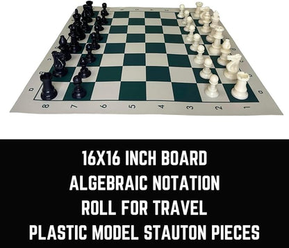 Tournament Chess Set: Portable Plastic Tube Roll Foldable Vinyl Chess Board (Green 16X16IN 2 Players All Ages)